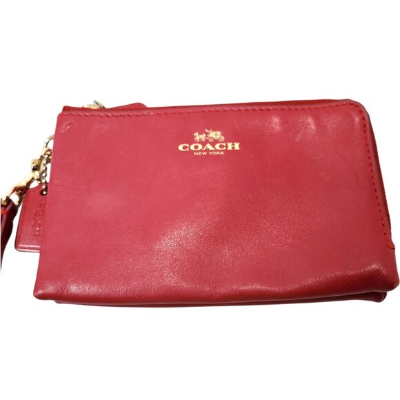 Coach F64581 Classic Red Leather Double Corner Zip Wallet Wristlet Gold - Picture 1 of 11